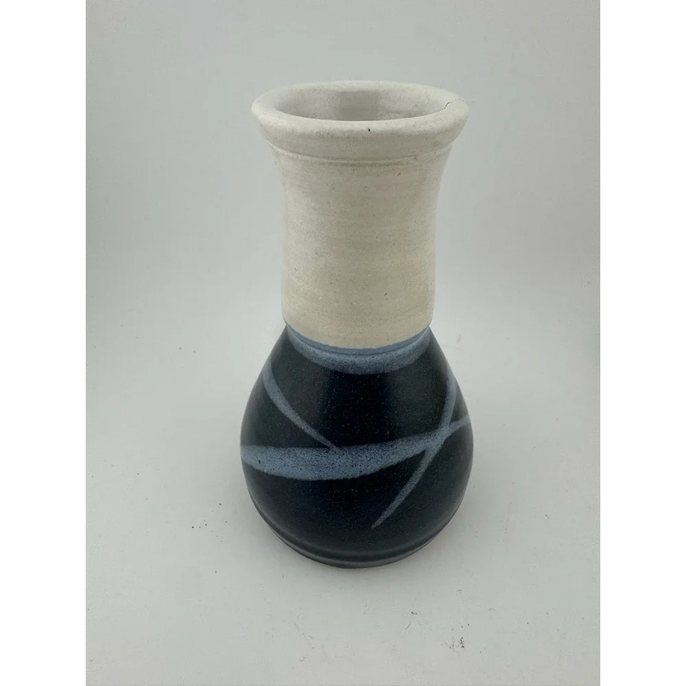 Handmade Pottery Vase‎ Navy Beige Signed Sondahl Small Bud Vase Table Decor